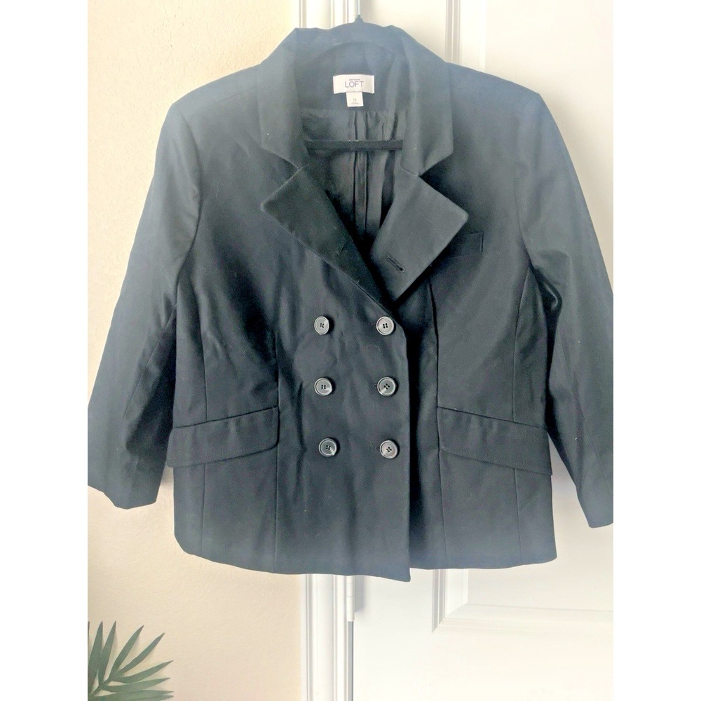 LOFT Black Cropped Double Breasted Blazer Size 14 Tailored Jacket - Picture 2 of 4